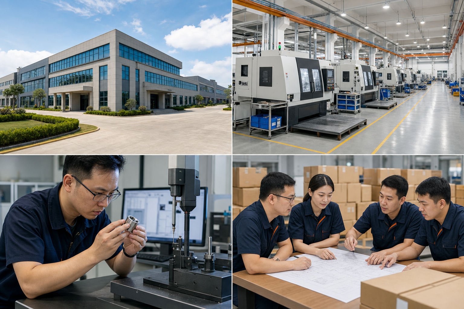 Factory campus, production hall, quality inspection, and export project coordination