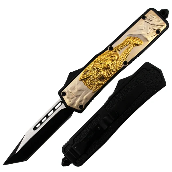 5.5 inch Wolf Handle Gold Two Toned Tanto OTF knife-TK202-11