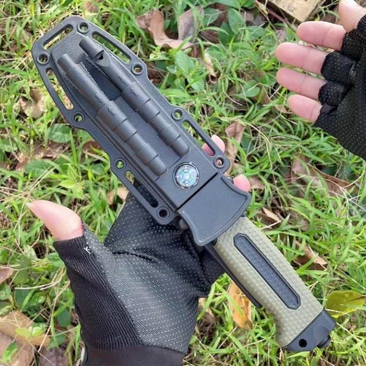 Camping Knife Survival Fixed Blade Wtih Non Slip Rubber Handle Leather Sheath With Igniter Compass