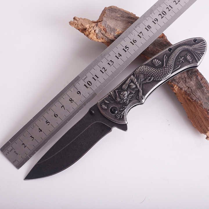 Professional Stainless Steel Stone Wash Blade Folding Survival Hunting Knife With Relief Handle