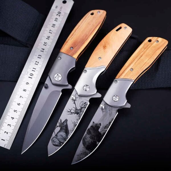 Custom Patterned 3D-Printed Blade Stainless Steel Hunting Knife Folding Camping With Wooden Handle