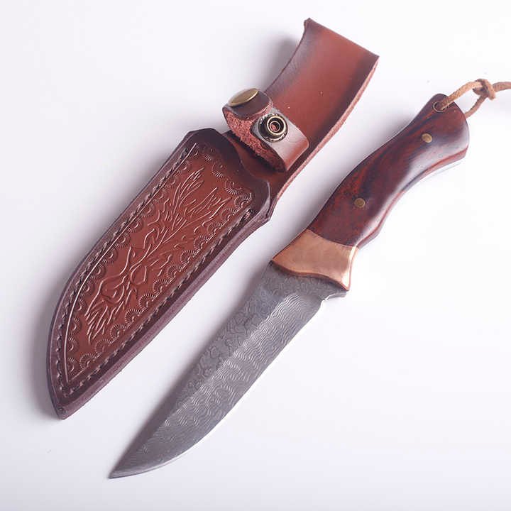 High Quality Damascus Steel Fixed Hunting Knife Outdoor Tool With Red Sandalwood Handle Holster