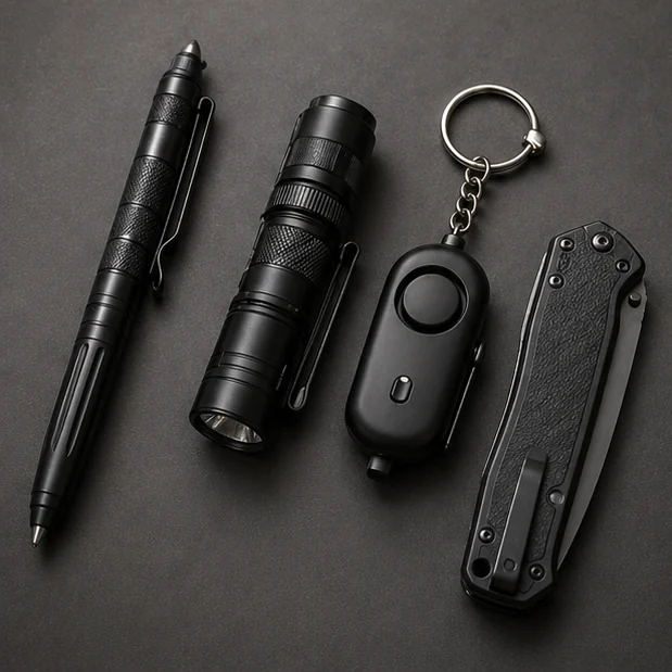 Self-defense accessory assortment with tactical pen and flashlight
