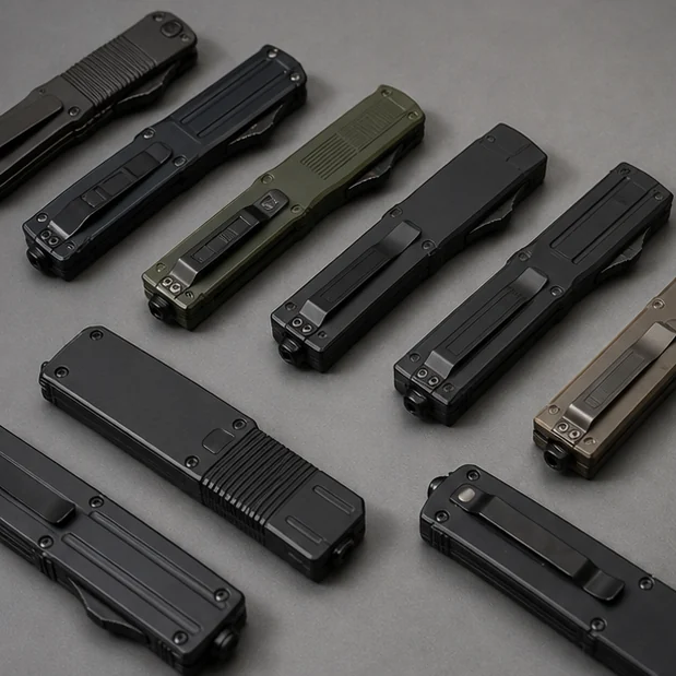 Closed OTF-style wholesale knife assortment on a catalog table