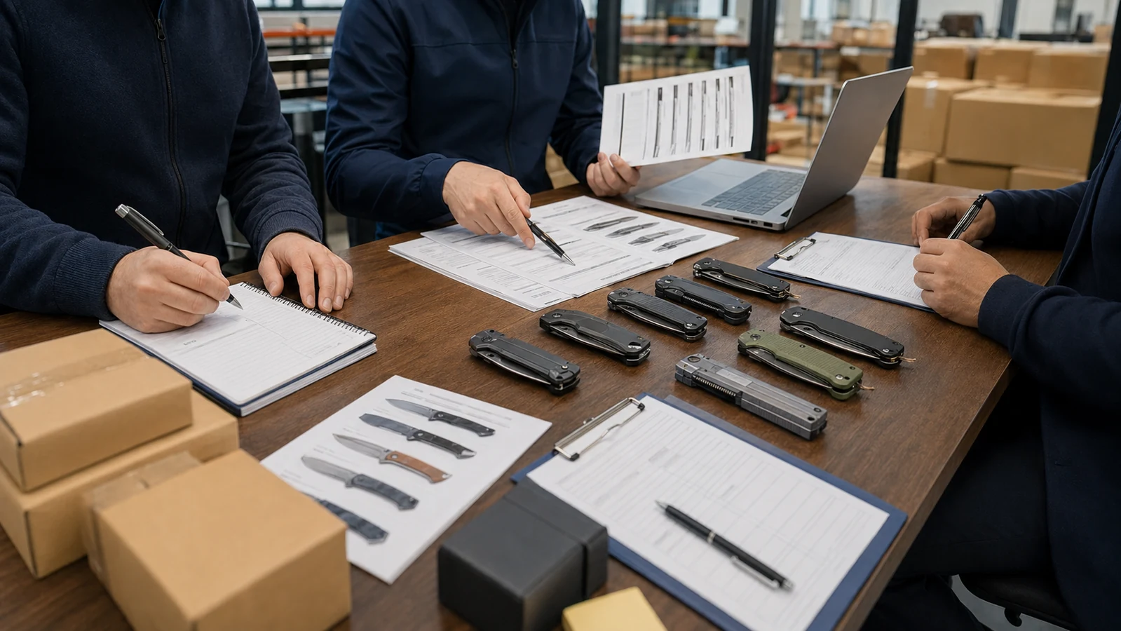 Wholesale operations team reviewing product samples and shipping documents