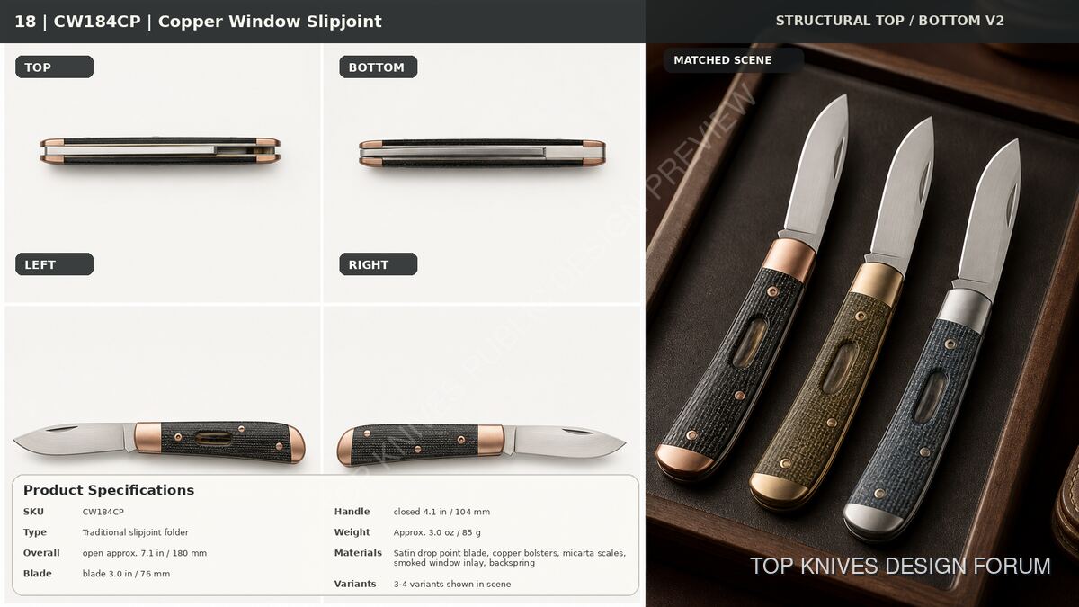 CW184CP Copper Window Slipjoint Structural Top Bottom - 2026-05-11-18 - EDC knife / pending brief confirmation - TOP KNIVES