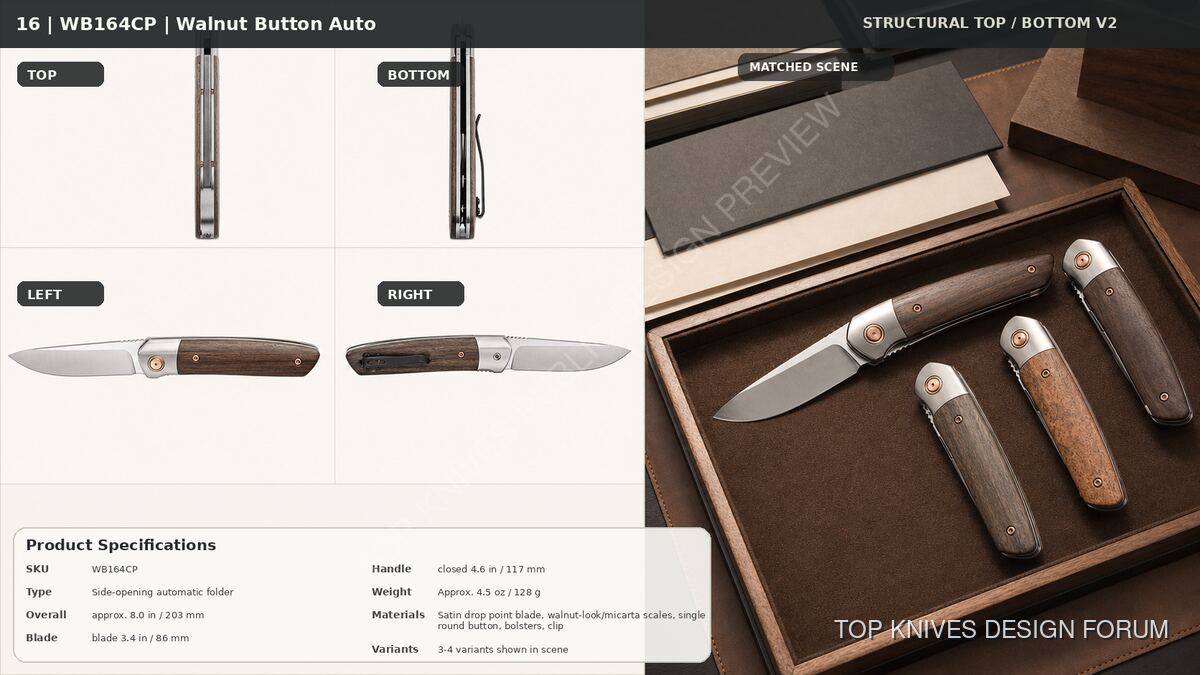 WB164CP Walnut Button Auto Structural Top Bottom - 2026-05-11-16 - EDC knife / pending brief confirmation - TOP KNIVES