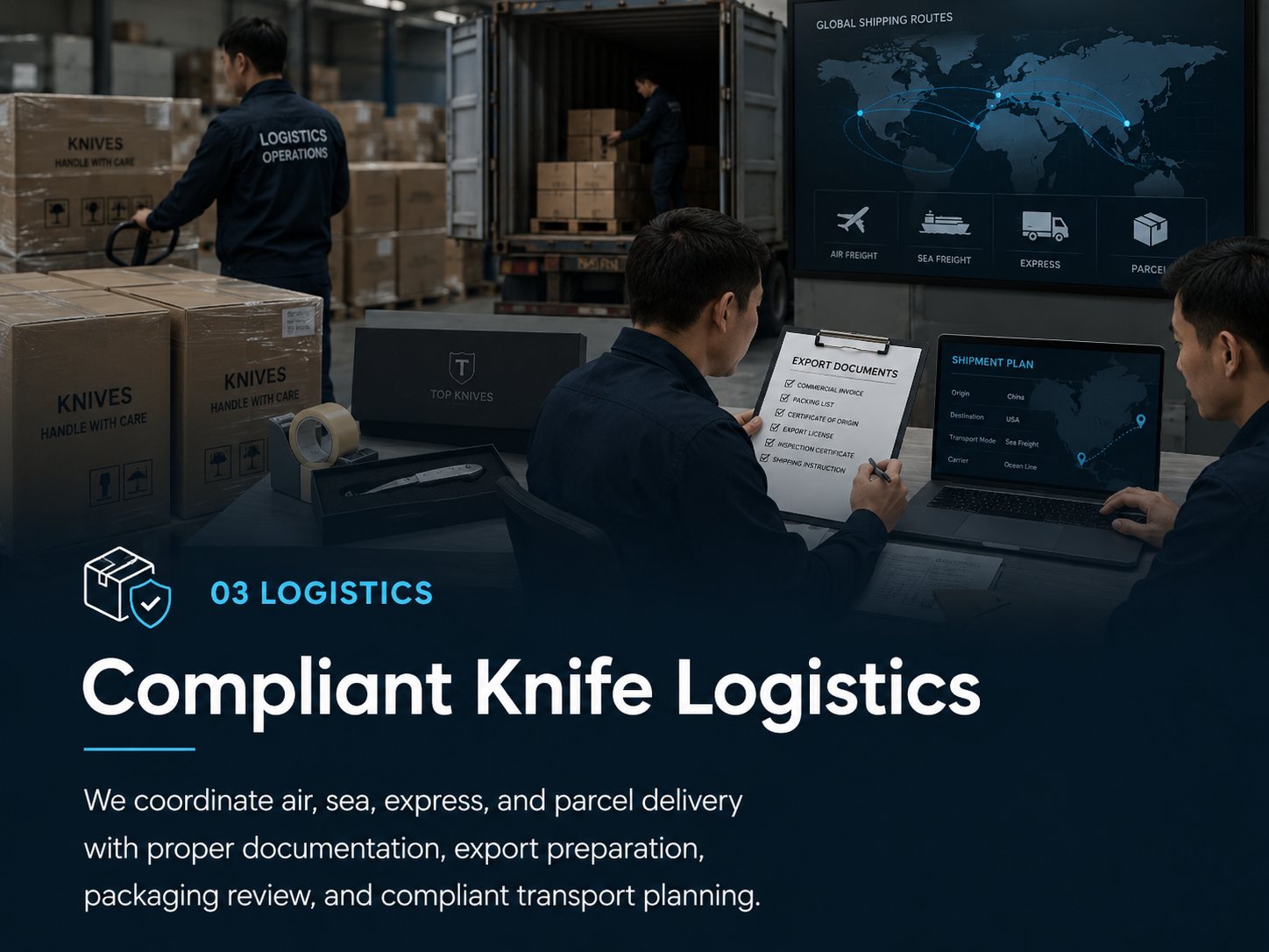 Compliant knife logistics and export coordination