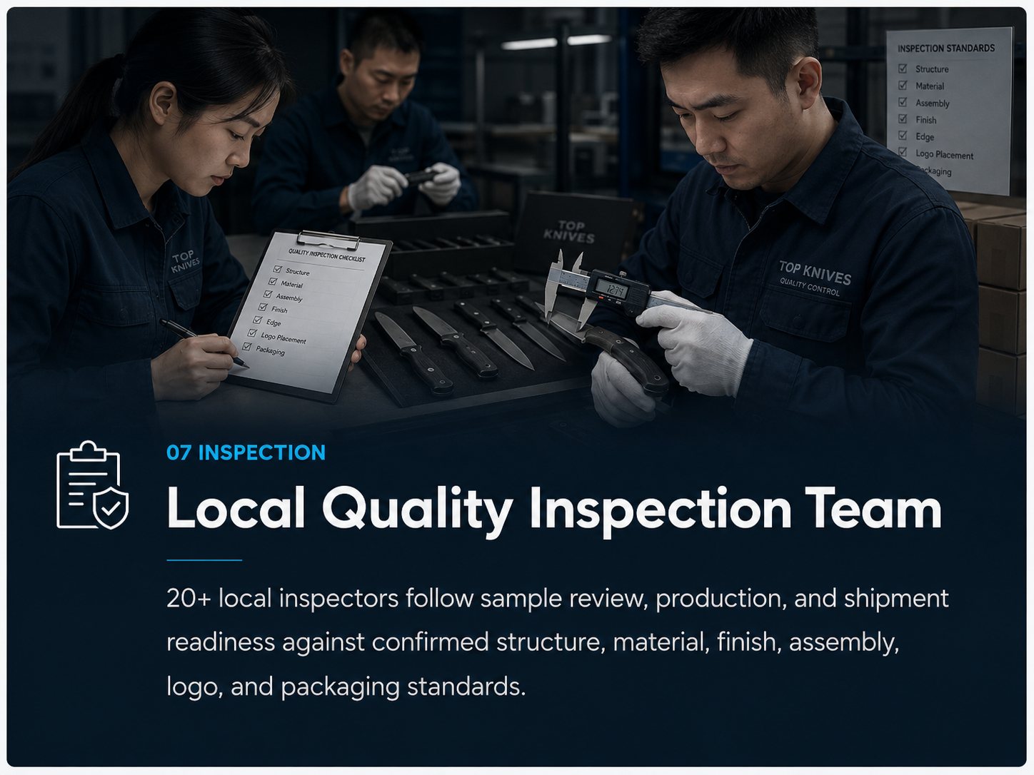 Local quality inspection team checking knife order details