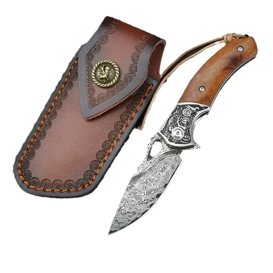 Outdoor Knife Vg-10 Damascus Steel Folding Knife Collection Camping Field Sand Iron Wood Color Shell Folding Knife