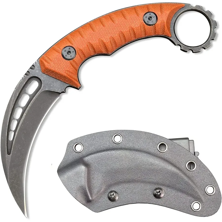 Karambit Knife Fixed Blade Steel + Handle Outdoor Claw Knife With Protective Cover EDC Tool-orange