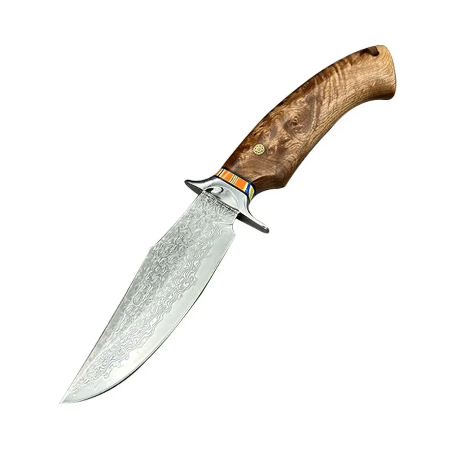 Maple Leaf Outdoor Damascus Steel Straight Knife Handmade Camping Equipment