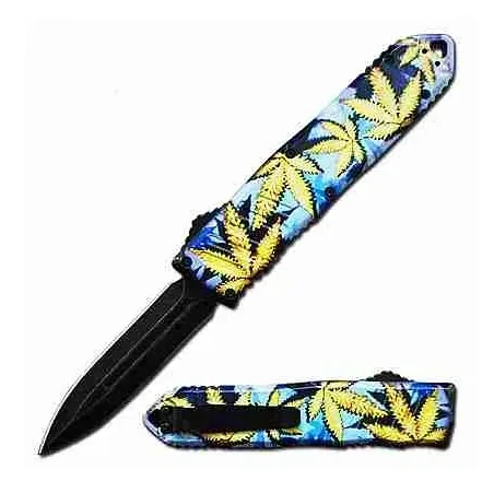 5.25 Inch Yellow Cannabis Leaf OTF Knife