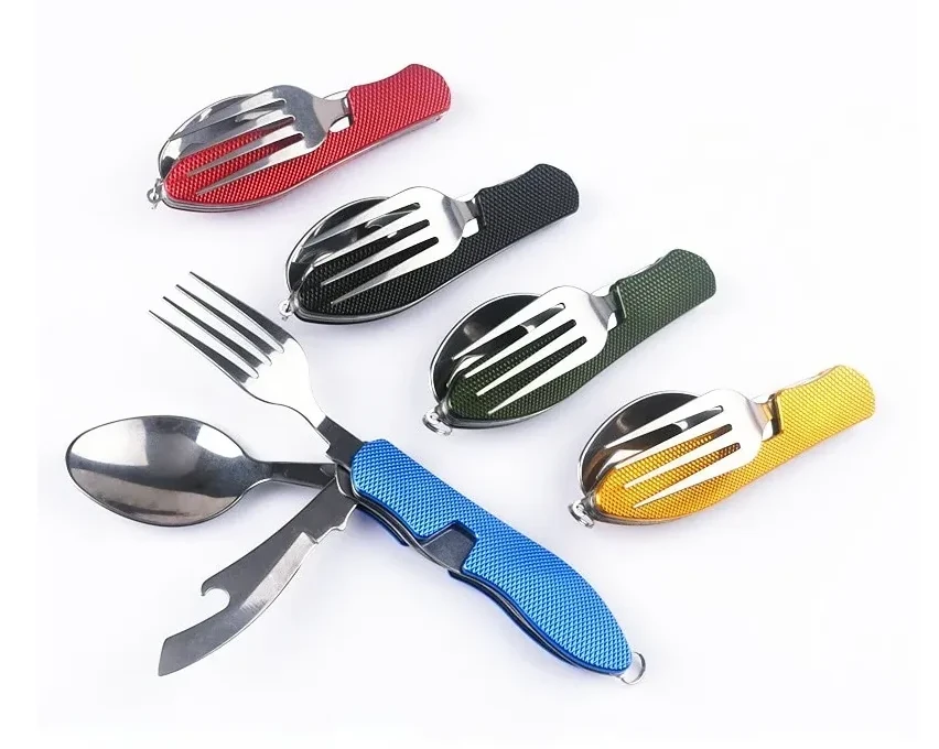 Camping Knife Spoon Fork Combo, 4 In 1 Foldable Stainless Steel Bottle Opener, Folding Pocket Kits Outdoor Tableware Tools