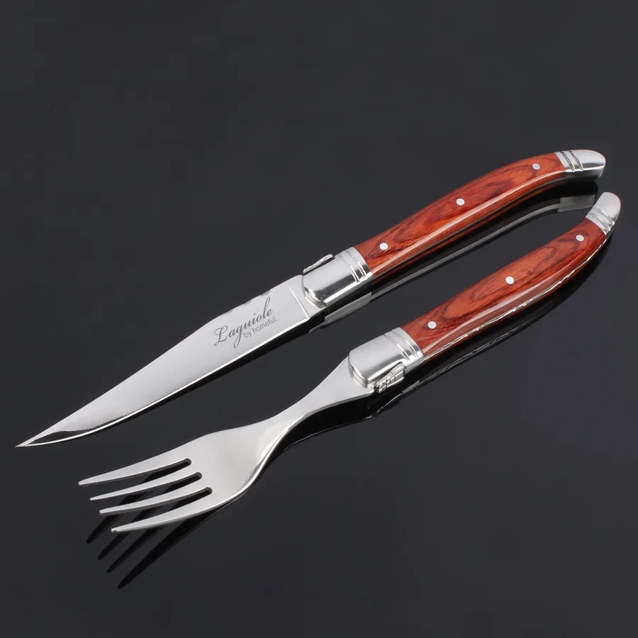 Laguiole Red Wood Handle Steak Knife And Fork Set (Double Steel Head Design) - High-end French Tableware