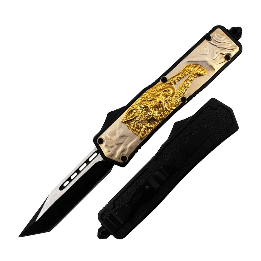 5.5 Inch Wolf Handle Gold Two Toned Tanto OTF Knife