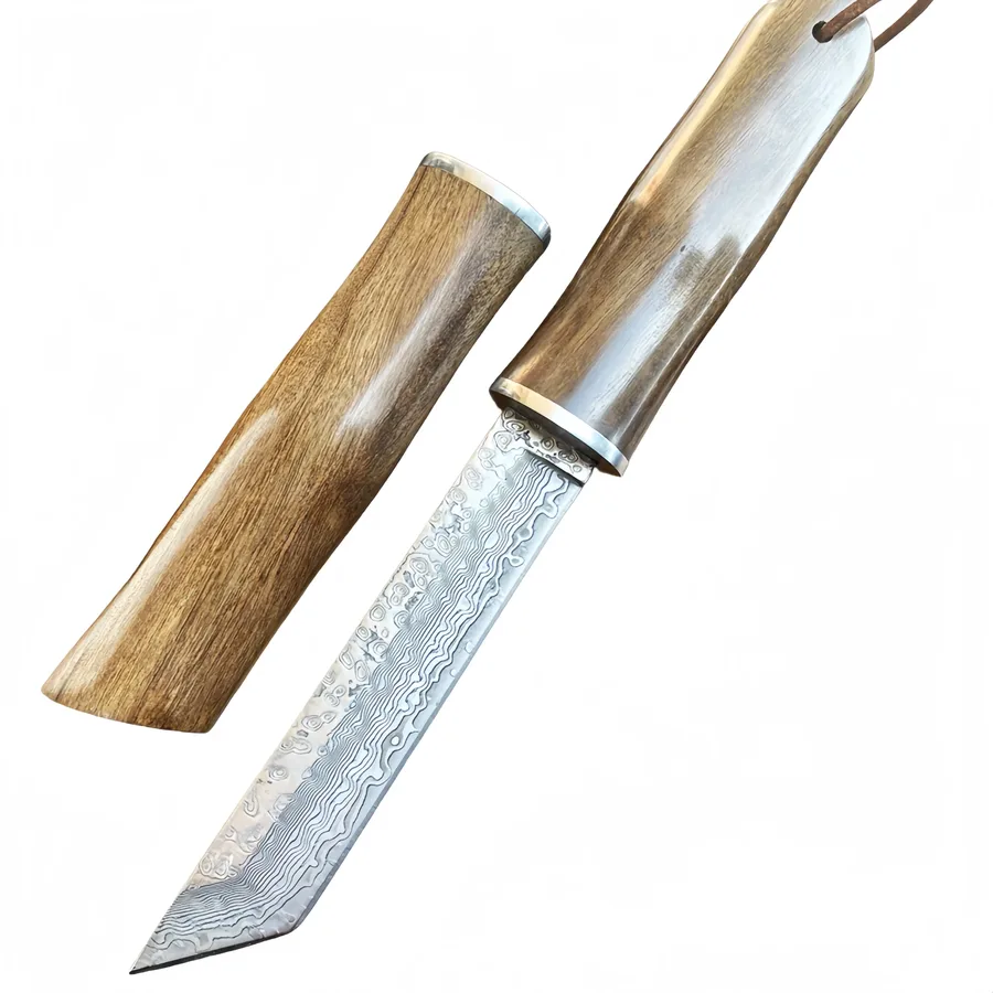 Yellow Bamboo Forged Damascus Steel Tanto Knife