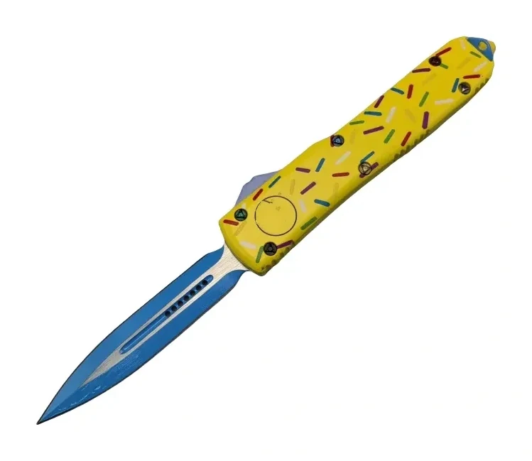 Bright Yellow Utx-otf Knife With Blue Blade – Customizable Automatic Knife With Sprinkle Design