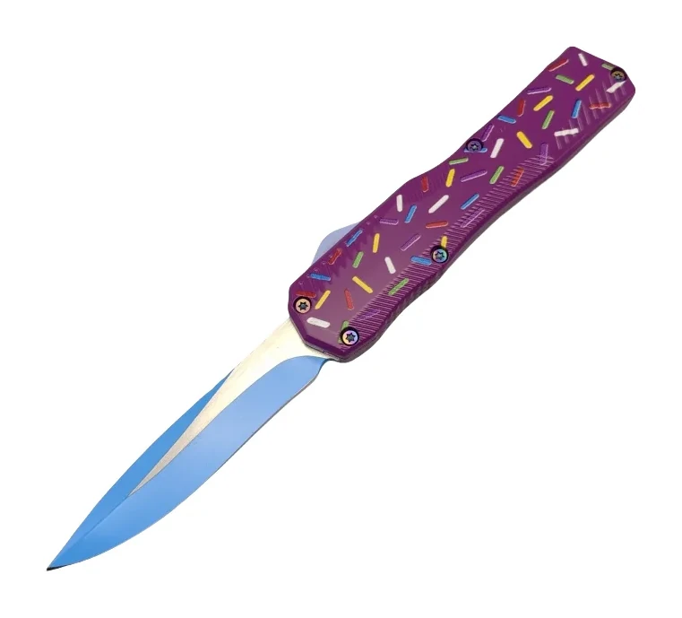 Purple OTF Knife With Blue Blade – Customizable Automatic Knife With Sprinkle Design