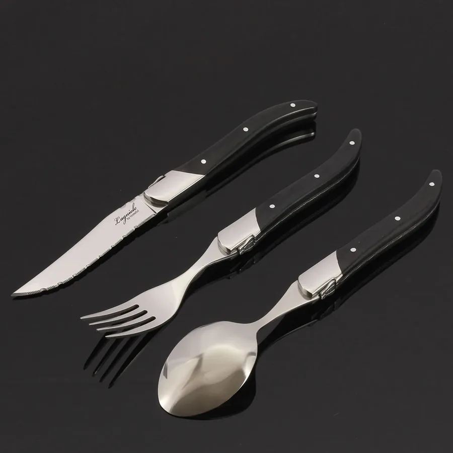 High-end Black Painted Wooden Handle Stainless Steel Cutlery Set - Handmade, Exquisite Knife, Fork And Spoon