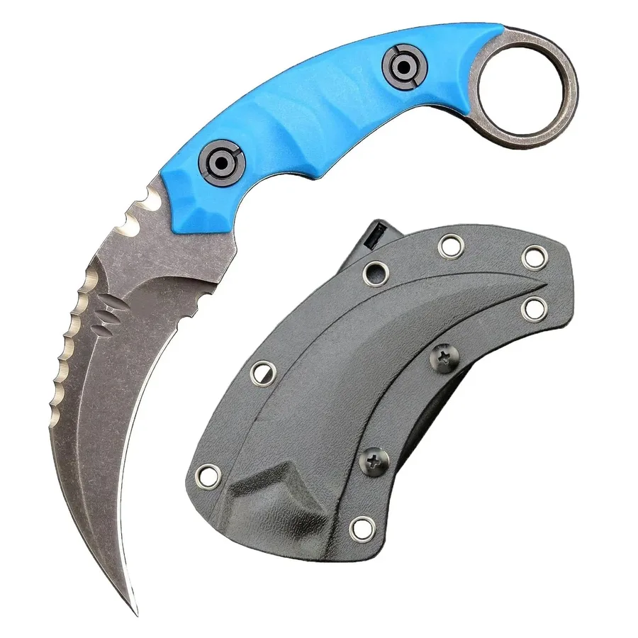 Karambit Knife Steel + Nylon Fiberglass Handle Outdoor Claw Knife With KYDEX Sheath EDC-blue