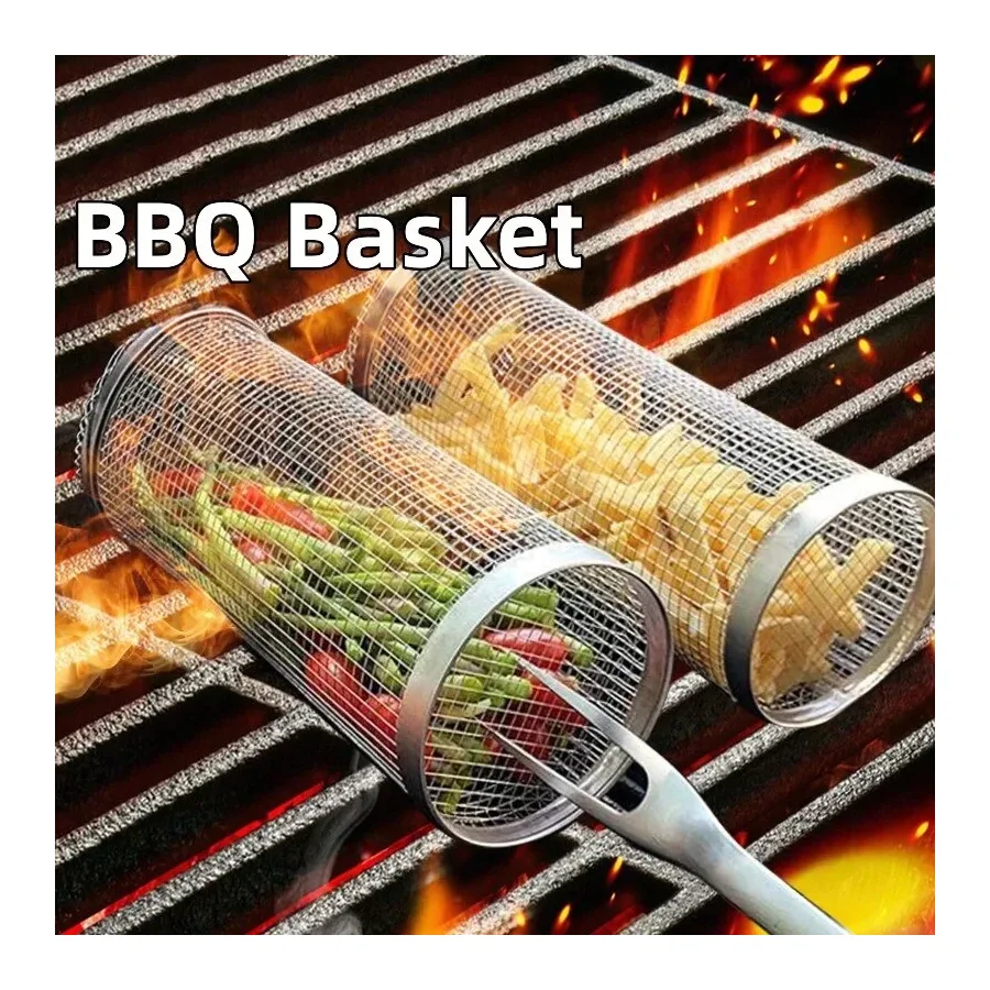 Rolling Grilling Basket Barbecue Cooking Grill Grate Portable Round Outdoor Camping Barbecue Rack Cookware Kitchen Tool