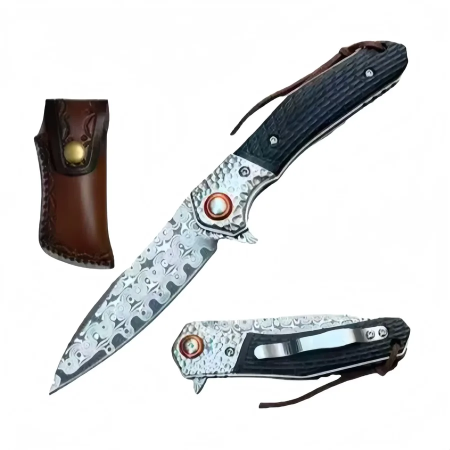 4” 10- Damascus Blade Knife Black Wood Handle With Leather Pouch