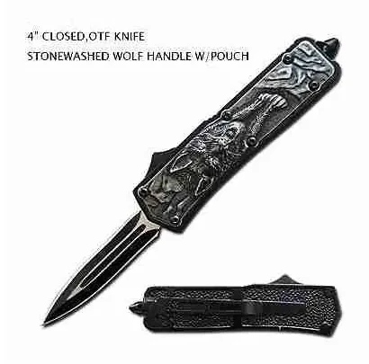 Carved Wolf Double Edge OTF Knife