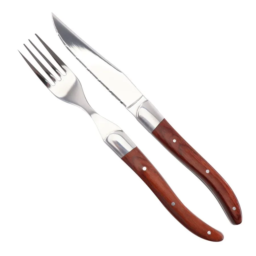 Stainless Steel Western Steak Knife And Fork French Style Red Color Wooden Handle Western Knife