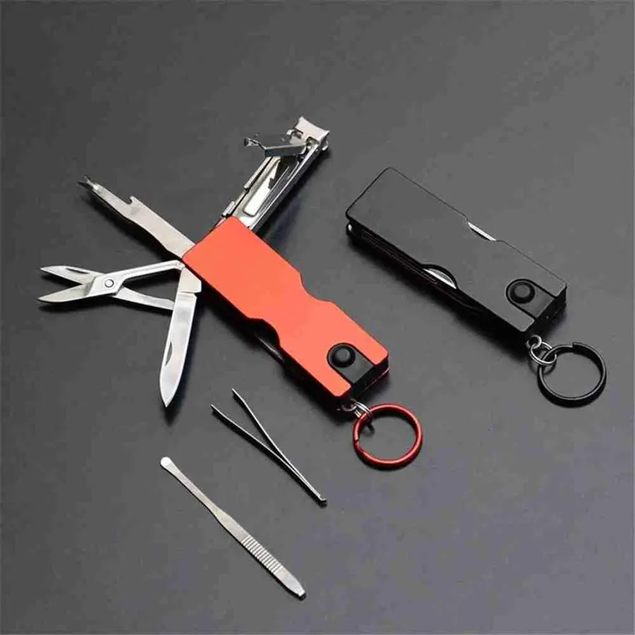 Outdoor Multifunction Mini Keychain Knife Led Light Nail Clipper Earpick Scissors Tweezer Pocket EDC Tools Multi Hiking Gears
