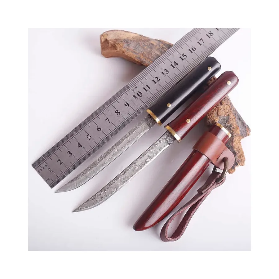 Damascus Steel Core Layer Camping Survival Hunting Small Straight Knife With Ebony Wood Handle