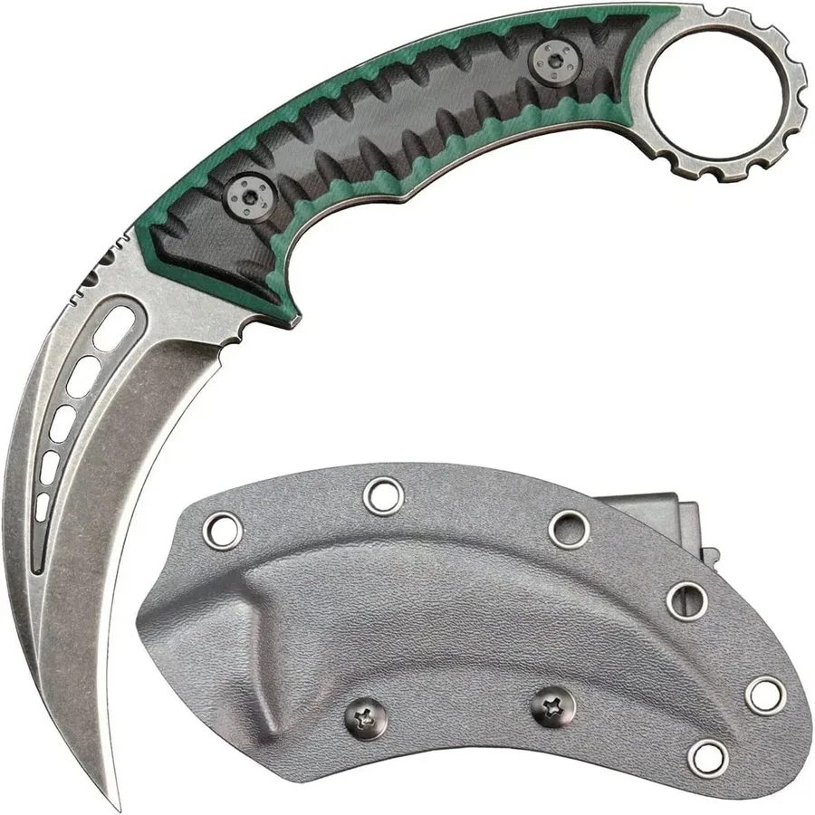 Karambit Knife Fixed Blade Steel + Handle Outdoor Claw Knife With Protective Cover EDC Tool-green