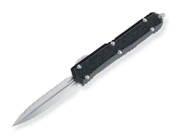 Ztechknives D/e Signature Stonewashed Double Edge Full Serrated Traction Inlay Black OTF Automatic 206-12s