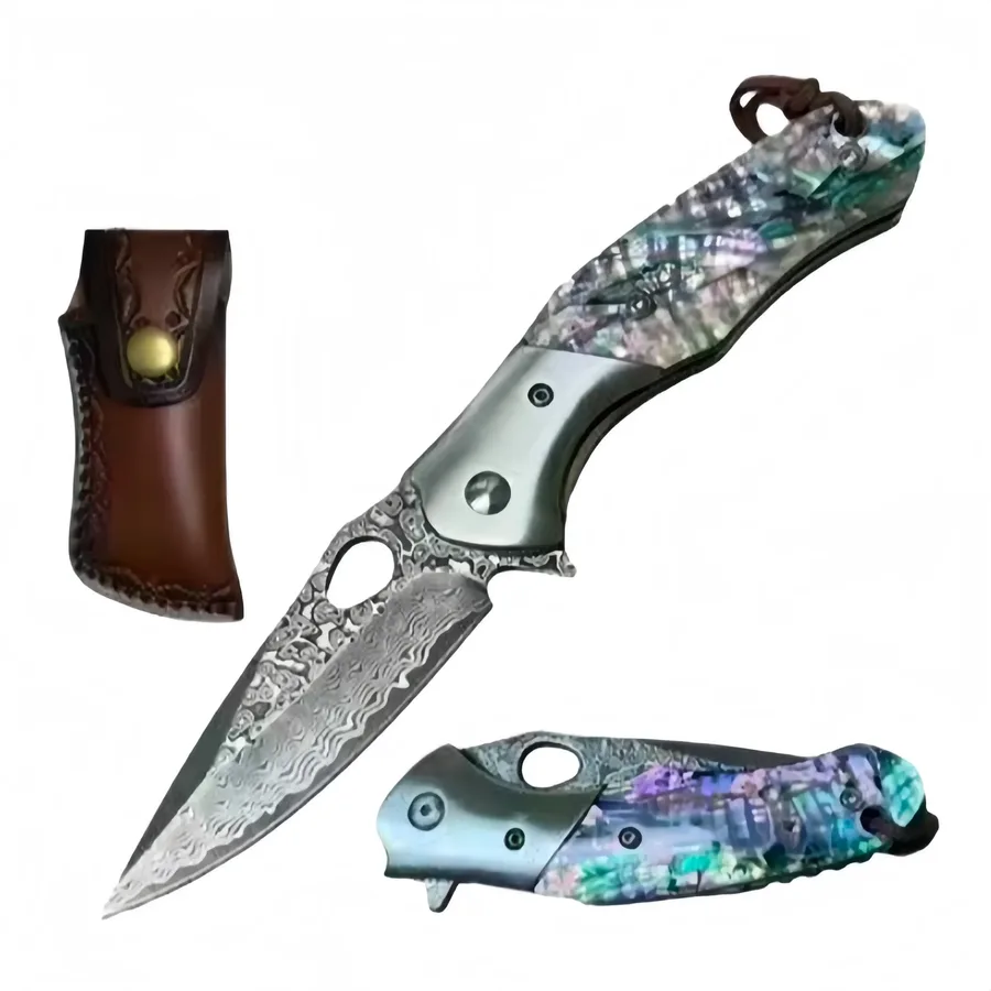4.5” 10-B009abdamascus Blade Knife Abalone Handle With Leather Pouch