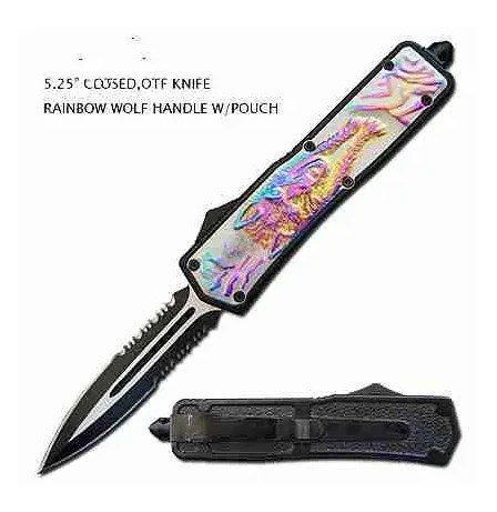 Color Engraved Wolf Double Edge OTF Knife