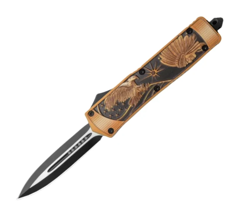5.5 Inch Rumble Black/org OTF Auto Knife Dagger Eagle/headdress