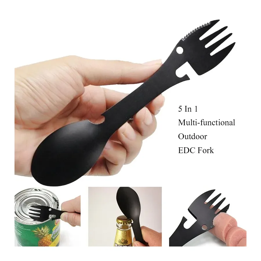 Outdoor Survival Tools 5 In 1 Camping Multi-functional EDC Practical Kit Fork Knife Spoon Bottle/can Opener