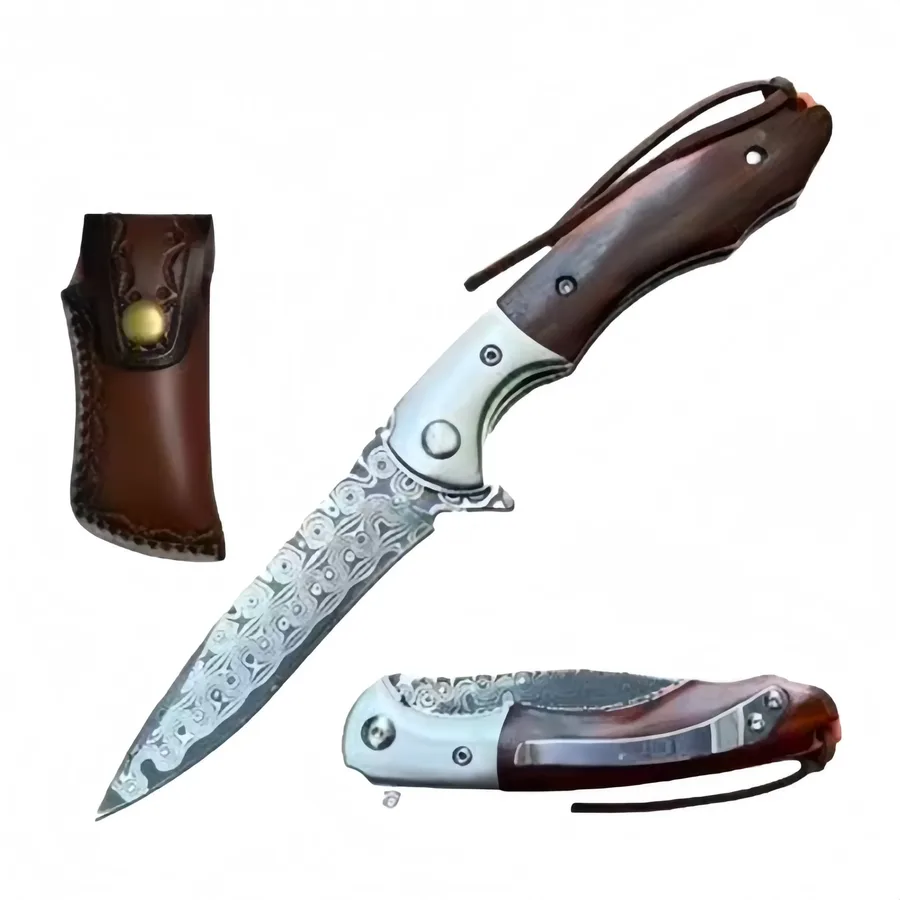 4” 10- Damascus Blade Knife Wood Handle With Leather Pouch