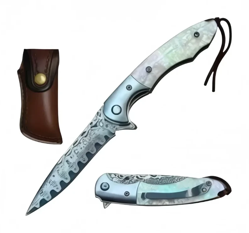 4” 10- Damascus Blade Knife Pearl Handle With Leather Pouch