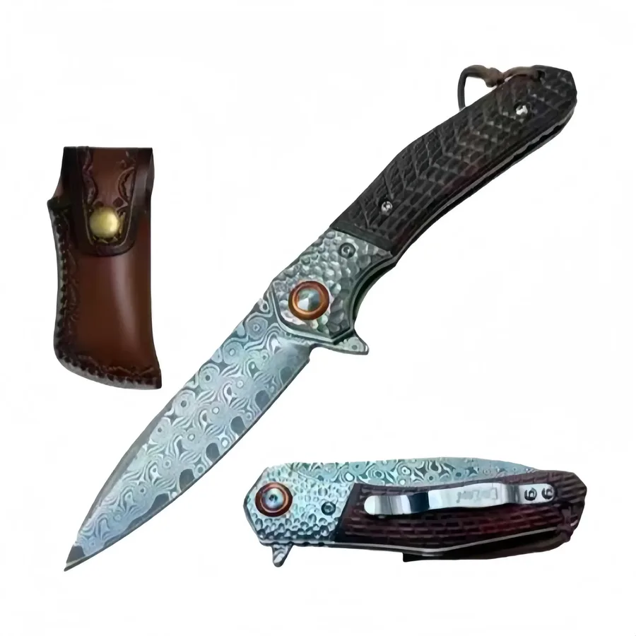 4” 10- Damascus Blade Knife Wood Handle With Leather Pouch