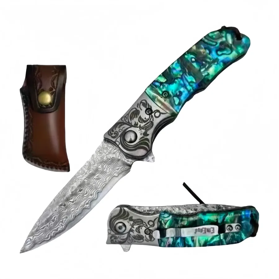 4” 10- Damascus Blade Knife Abalone Handle With Leather Pouch