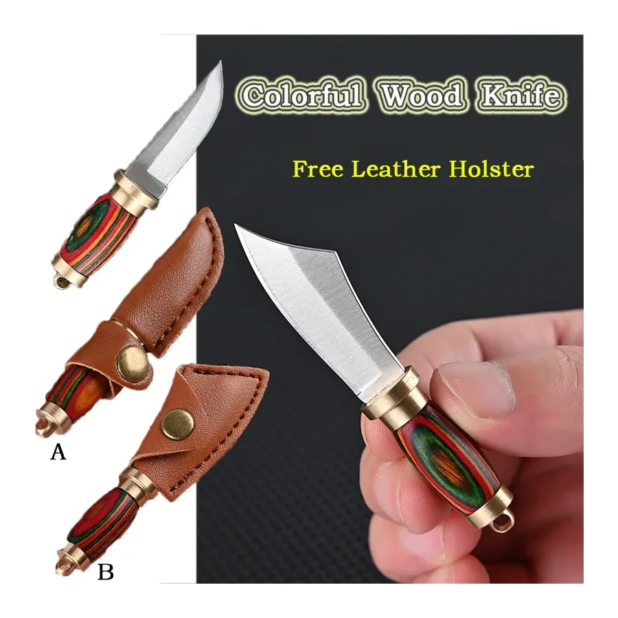Mini Brass Wood Knife Portable Unboxing Straight Knife With Leather Case Cs Go Hanging Outdoor Camping EDC Knife