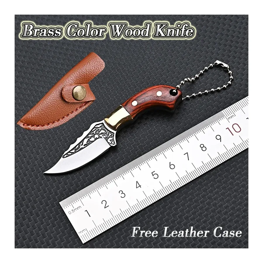 Brass Color Wood Knife Mini Portable Unboxing Small Blade Straight Knife With Leather Case Cs Go Hanging Outdoor Camping EDC Kni