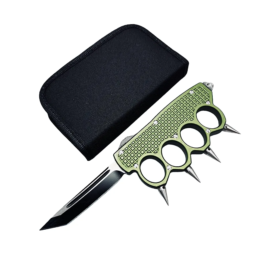 5.25 Inch Brass Knuckle Switchblade Knife Green(Tanto Blade)