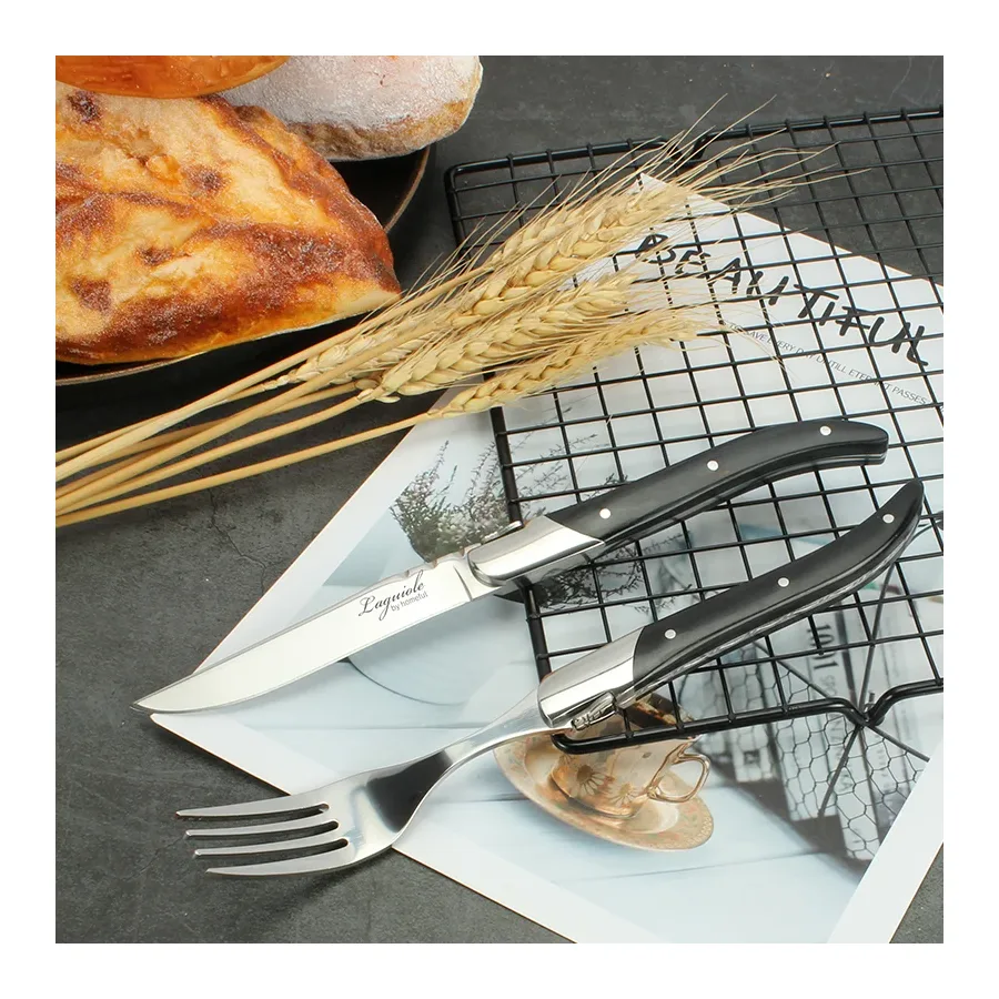 Laguiole Black Handle Steak Knife And Fork Set - Elegant French Design, Suitable For High-end Catering Venues